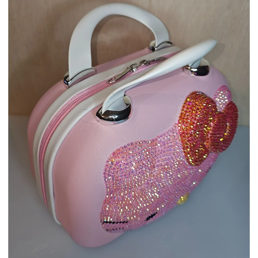 NEW HELLO KITTY Pink Water Diamond Makeup Travel Case Cosmetic Bag Hardshell